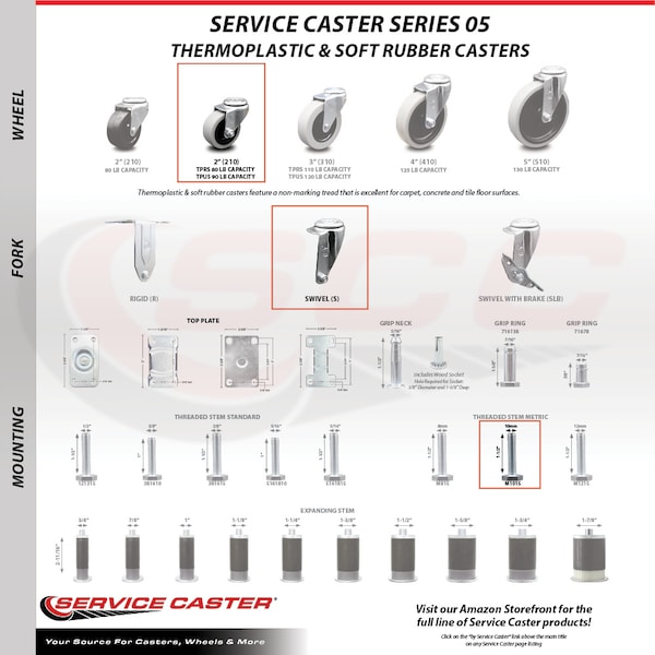2 Inch Thermoplastic Rubber Wheel 10mm Threaded Stem Caster SCC, 5PK